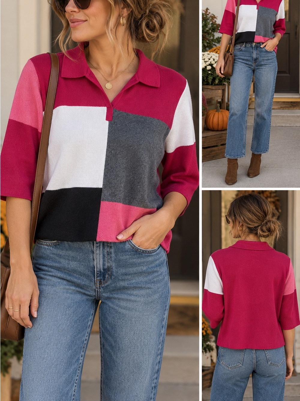 Vintage 90s Colorblock Tennis Prep Collared 100% Cotton Half Sleeve Sweater PL
